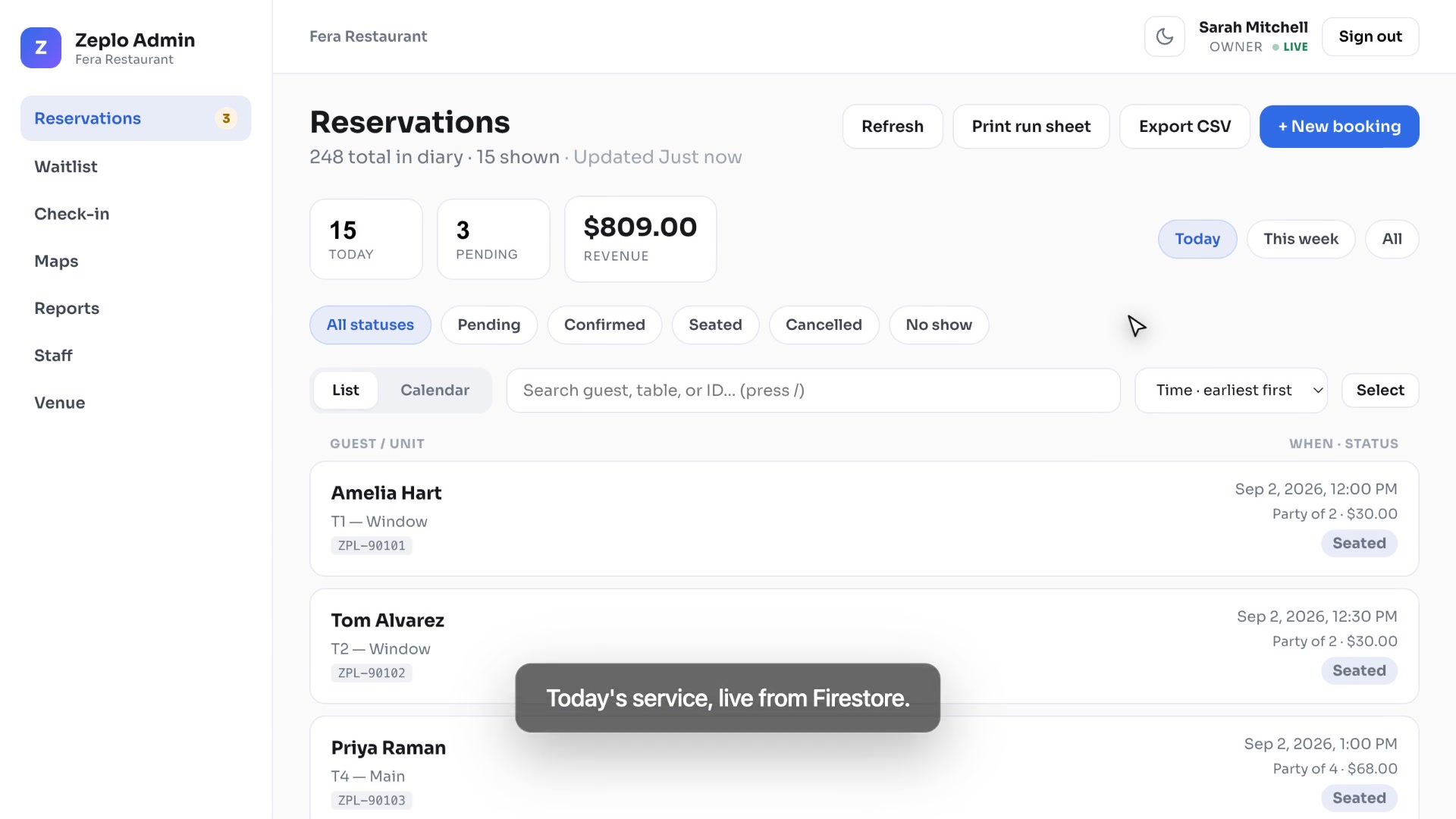 Zeplo Admin reservations diary, mid-service